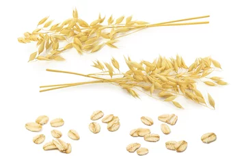 Tuinposter Oatmeal set. Oat ears and rolled grains isolated on white background © kovaleva_ka