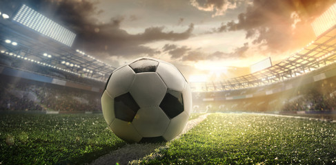 Sport. Soccer ball on stadium. Football poster.