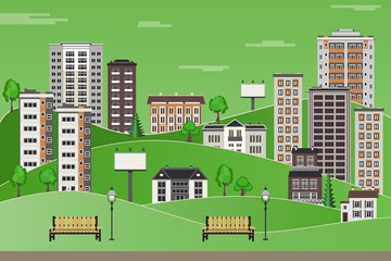 Green paper city landscape with high-rise apartment houses and office buildings, trees and benches in public park on sky background with clouds. Flat colorful city skyline. Vector illustration. - obrazy, fototapety, plakaty