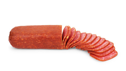 Sausage salami with thin slices on a white background