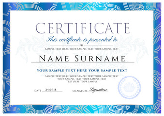 Certificate, Diploma of completion (design template, white background) with Frame, blue Border, light floral abstract lines (pattern, watermark)
