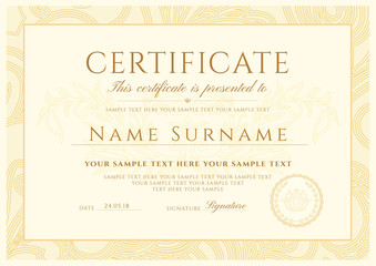 Certificate, Diploma of completion (design template, white background) with Frame, Border, light floral abstract lines (pattern, watermark)
