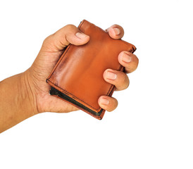 Man hand hold brown wallet on white background.