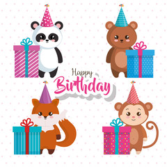 happy birthday card with group of animals vector illustration design