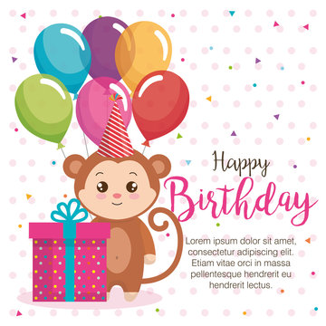 happy birthday card with monkey vector illustration design