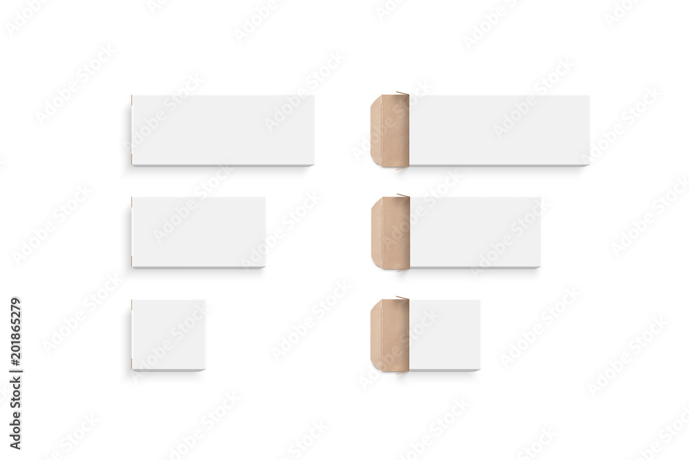 Poster blank white boxes mock ups different size set, isolated, 3d rendering. empty opened and closed case 