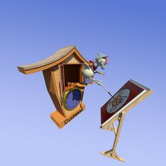 Cuckoo artist painting self-portrait at his very young age 3D illustration isolated on blue sky background. Collection.