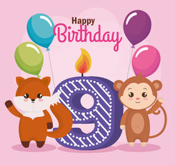 happy birthday card with fox and monkey vector illustration design
