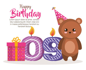 happy birthday card with bear teddy vector illustration design