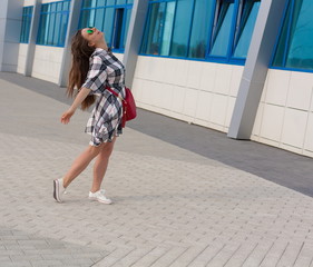  Girl, checkered dress, sunglasses, red handbag, sneakers, fun, street