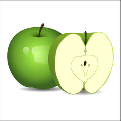 Realistic fresh green apple isolated on white background. Vector illustration