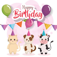 happy birthday card with group of animals vector illustration design