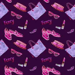 Fancy accessories, tote bag, cheetah spotted short crown hat, sunglasses, red fullstrap loafer shoes, feather, lipstick, pink, violet neon palette, watercolor illustration, seamless pattern on purple