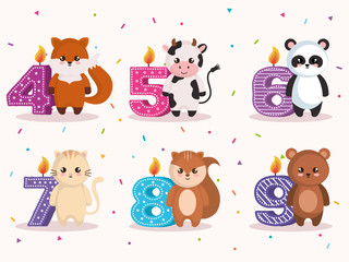 happy birthday card with group of animals vector illustration design