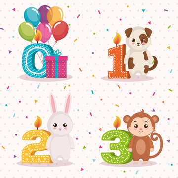 happy birthday card with group of animals vector illustration design