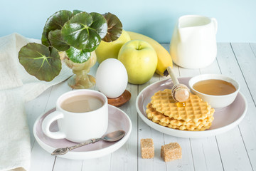 Useful Colorful Breakfast Coffee Milk Fruit Cookies Alarm Clock Oats Still Life White Table