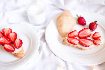 Strawberry cake on plate closeup. Good morning.