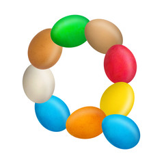 The letter Q of the English alphabet is made up of colorful eggs. Isolated. White background. Education