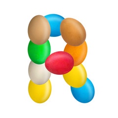The letter R of the English alphabet is made up of colorful eggs. Isolated. White background. Education