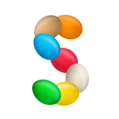 The letter S of the English alphabet is made up of colorful eggs. Isolated. White background. Education