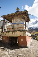 Fototapeta premium Image of beautiful stupa in Jharkot village on the Annapurna circuit trekking trail route, Nepal, Mustang area, Himalayas