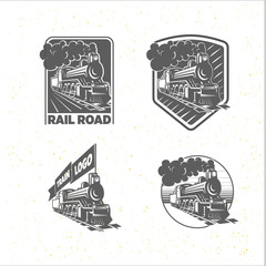 Set of templates with a locomotive. Vintage train, logotypes, illustrations.