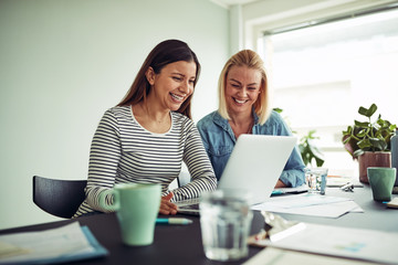 Two smiling businesswomen working online with a laptop together
