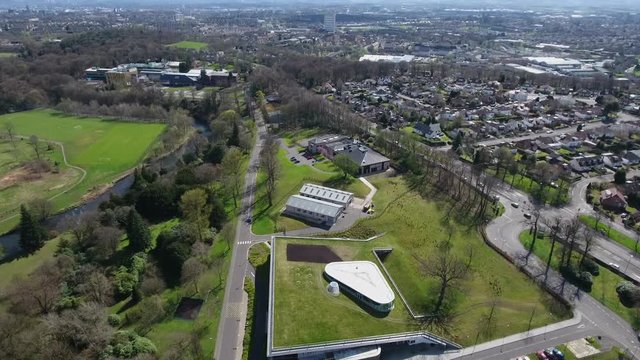 Aerial footage over the Small Animal Hospital in Bearsden to the City of Glasgow.