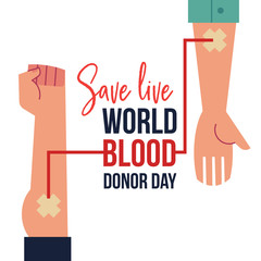 Blood donation day banner with hands during blood transfusion and sign isolated on white background. Vector illustration for 14th June - world giving blood charity.