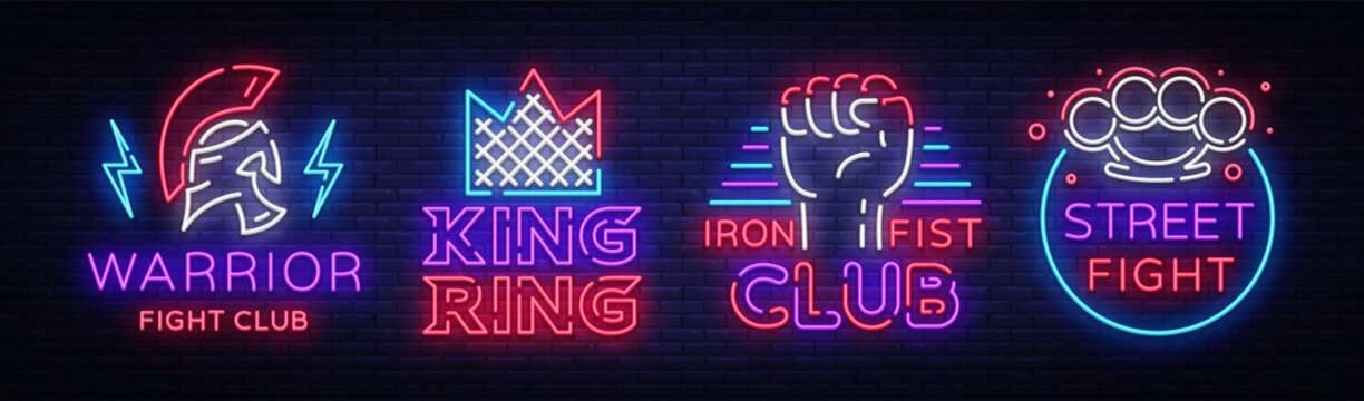 Fight Club collection neon signs. Set logo in neon style. Design template. King of the Ring, Warrior, Iron Fist, Street Fight MMA. Light banner, bright night neon advertisement. Vector illustration