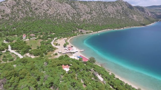 Aerial drone 2.7k footage of a fantastic nature of lake/sea in Peloponesse, Greece
