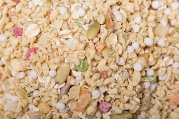 Food background. Muesli with candied fruits, nuts and seeds. Proper nutrition, healthy lifestyle, diet, weight loss
