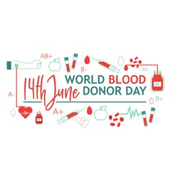 World blood donor day banner with giving blood charity elements isolated on white background. 14th junesign and symbols of heart, red bloody container and medical devices. Vector illustration.