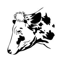 Stylized cow head, cow portrait. Farm animal, cattle. Emblem, logo or label for design. Vector illustration.