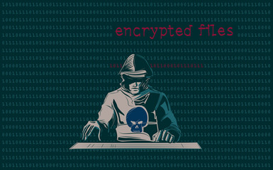 Computer hacker with hoodie stealing data on dark background