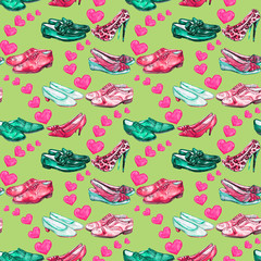 Different styles of gentlemen`s and lady`s shoes in love, spreading pink hearts, bright green, red colors palette, hand painted watercolor illustration, seamless pattern on soft green background