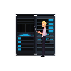 Server room illustration with data center storage and young it engineer with laptop working with computer technologies. Flat isolated vector with telecommunication, web connect and computer service