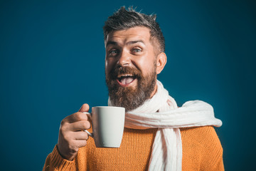 Hot drinks, leisure, season, and people concept - handsome happy bearded man drinking coffee from cup. Smiling man in sweater and scarf enjoying cup of coffee/tea.Copy space for advertise cafe, bistro