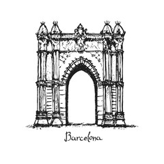 The Arc de Triomf. Is a triumphal arch in the city of Barcelona in Catalonia, Spain. Sketch fast ink illustration. Graphic artwork.