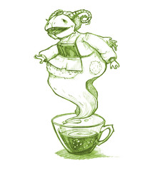 Coffee demon. Fantasy creature, with horns and teeth. Fiction character. Pencil sketch drawn style.