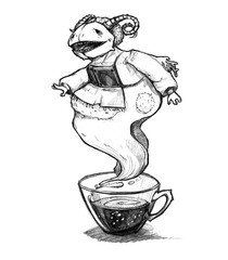 Coffee demon. Fantasy creature, with horns and teeth. Fiction character. Pencil sketch drawn style.