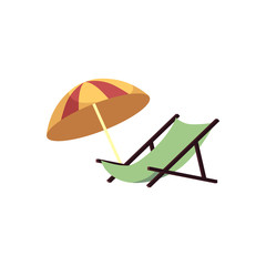 Beach lounge and umbrella isolated on white background - summer vacation concept. Deckchair and parasol for relax resort tourism on sand near sea or ocean. Cartoon vector illustration.