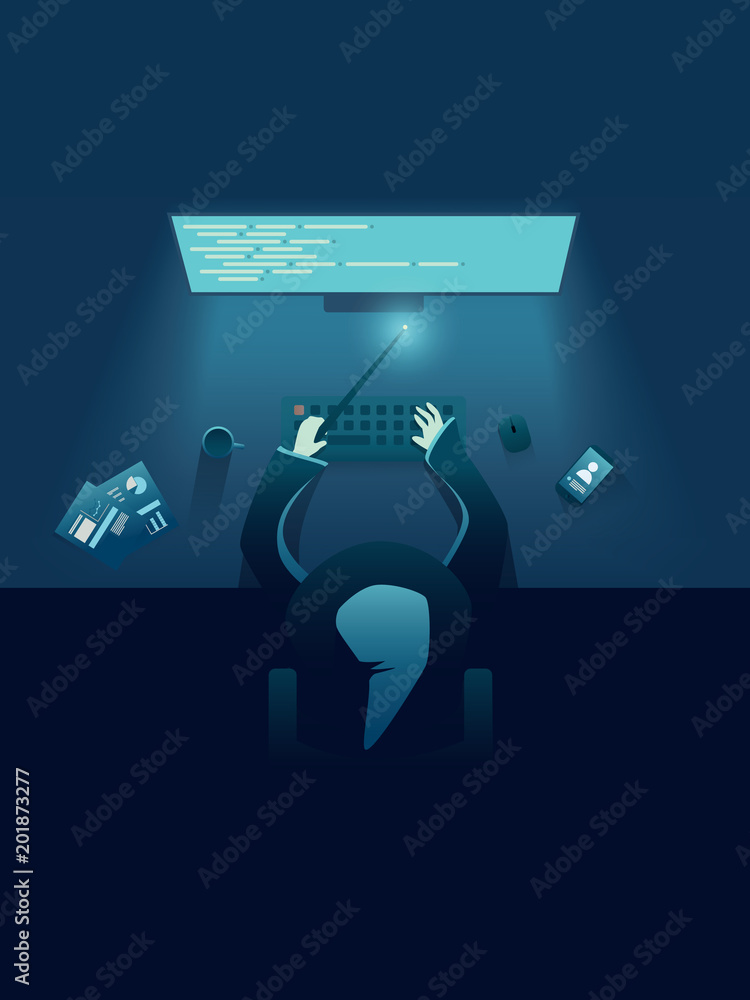 Poster it programmer as genius or wizard sitting behind computer. it recruitment poster template for hiring