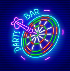 Darts bar. Neon sign for game playing place. Icon entertainment