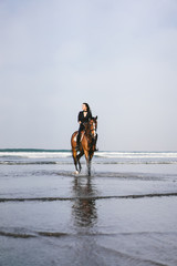 front view of young woman riding horse with ocean behind