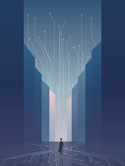 Smart city vector concept background with IT specialist, developer, programmer. Recruitment poster template with skyscrapers skyline with digital technology background.