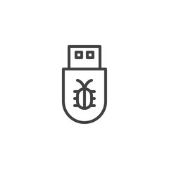 Infected USB flash drive outline icon. linear style sign for mobile concept and web design. usb virus simple line vector icon. Symbol, logo illustration. Pixel perfect vector graphics