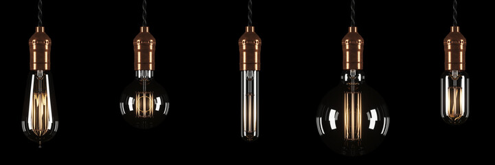 Set of vintage glowing light bulbs on black background. 3D rendering.