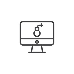 Computer virus outline icon. linear style sign for mobile concept and web design. Bomb on the monitor simple line vector icon. Symbol, logo illustration. Pixel perfect vector graphics