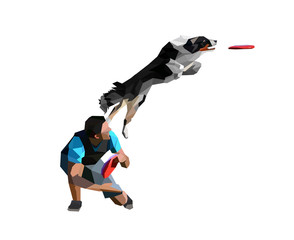 Low Poly Illustration of Discdogger and Real Looking Dog Jumping and Catching Disc. Border Collie Fetching Disc on White Background.